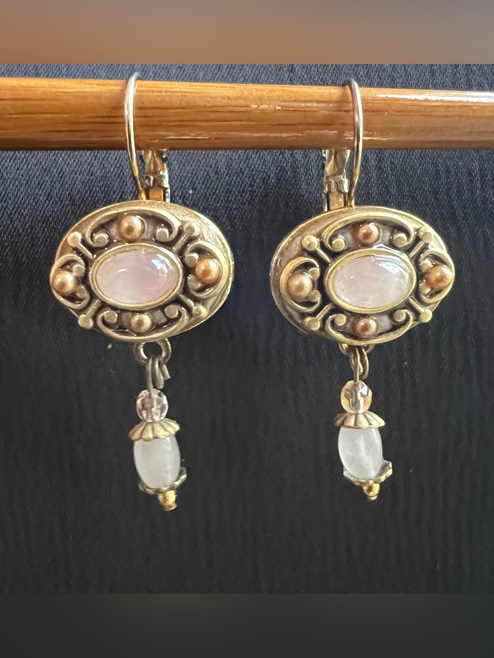 Vintage Michal Golan Oval Rose Quartz Drop Earrings - Women's Jewelry Feminine